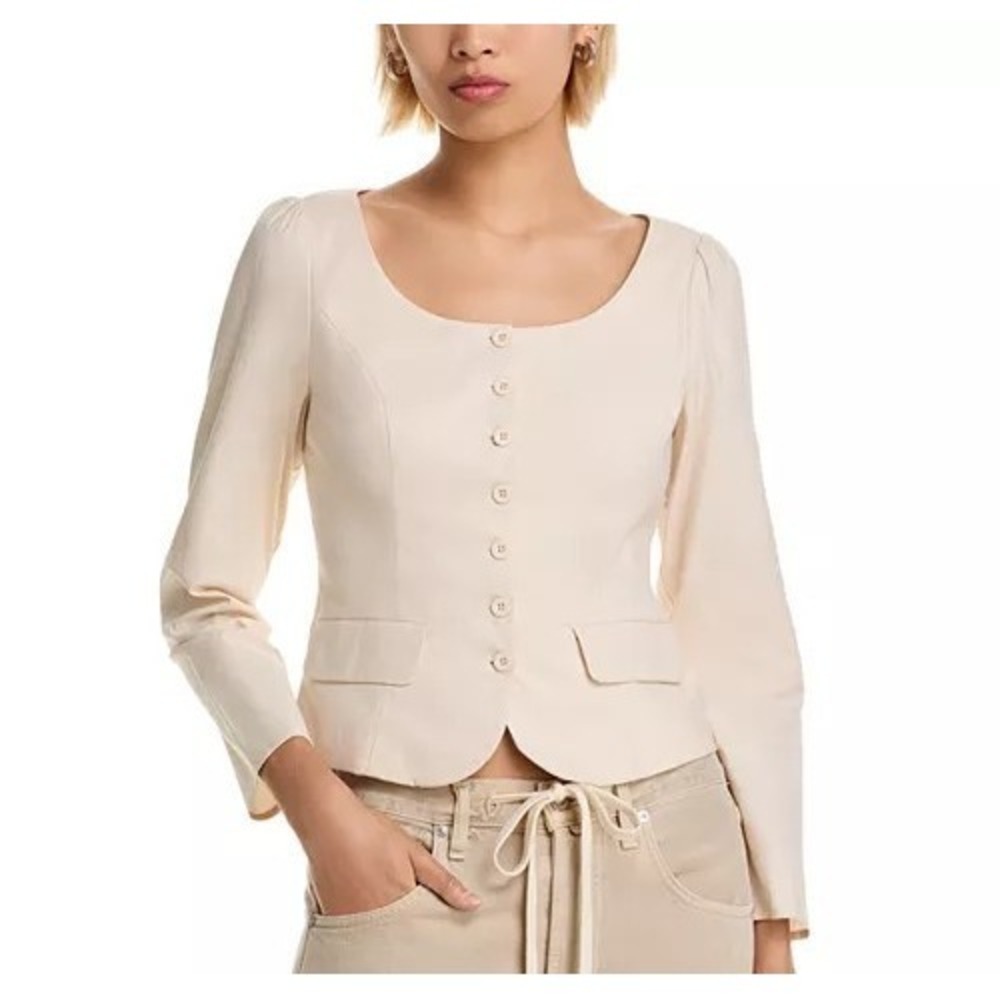 NEW French Connection Poplin Button Up Top Womens XL 12 Cream Long Sleeve Lined